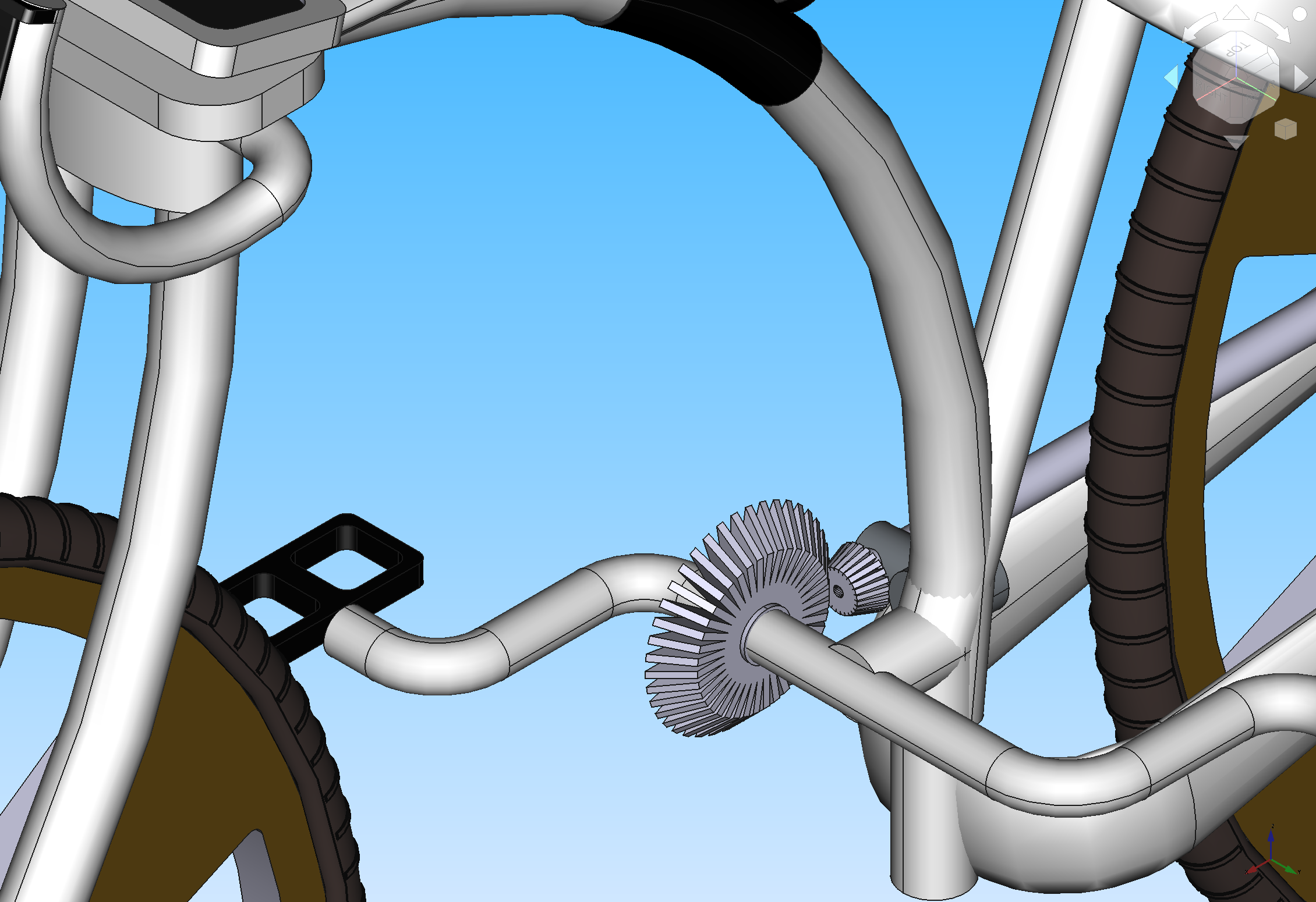 Smart bicycle FreeCAD model: frame, pedals, and transmission detail